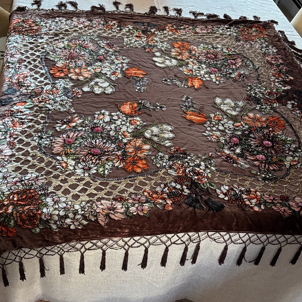 Floral Brown Sequins Beaded Tassels Accent Table Top Cover-Gorgeous details